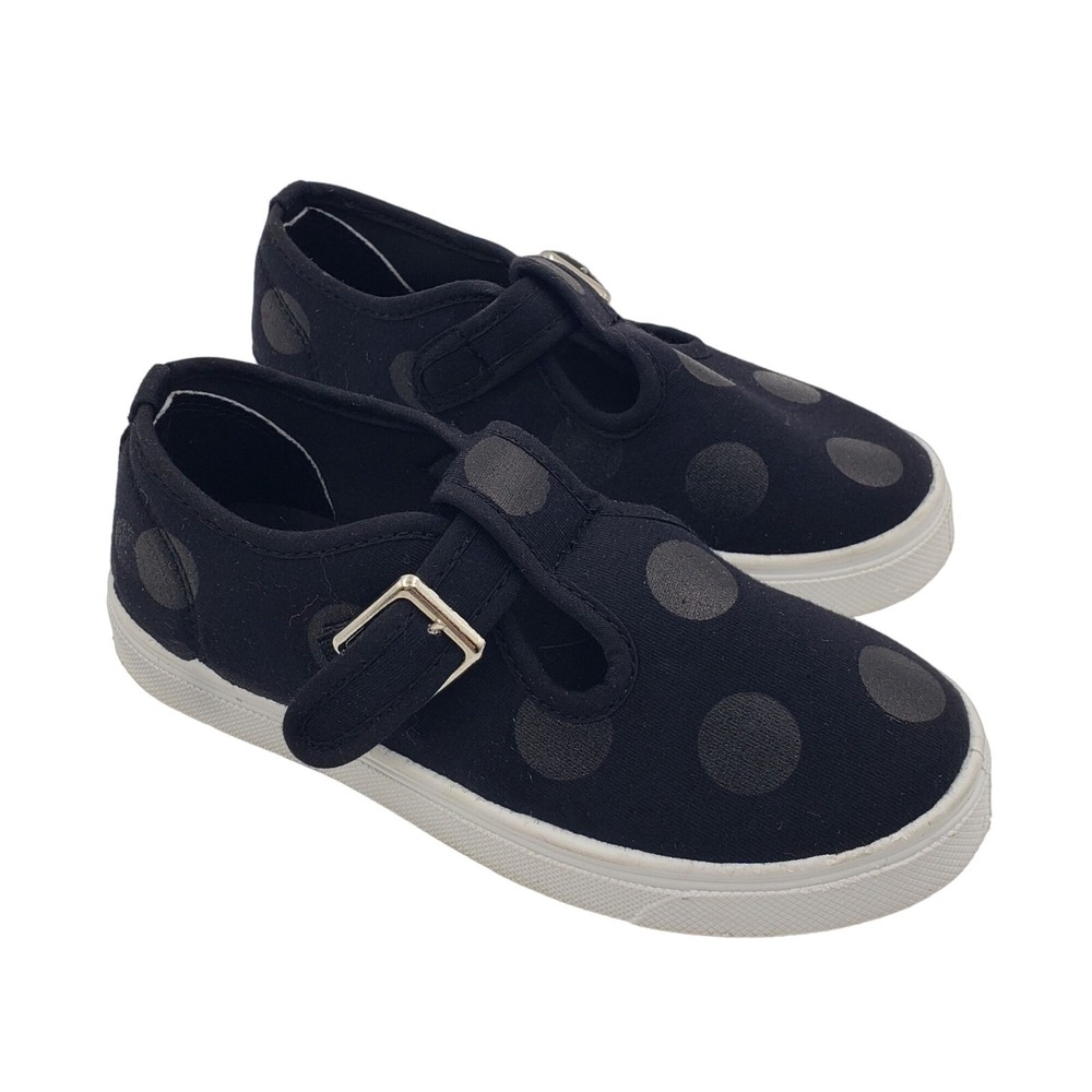 oomphies Mary Jane Shoes Polka Dot‎ Tone on Tone Black Canvas Buckle SZ 12Y EUC
